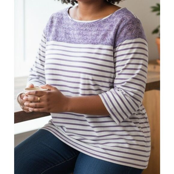 Denim & Co Purple Lace Striped Top Womens Plus Size 1x Round Neck 3/4 Sleeve - Picture 1 of 4